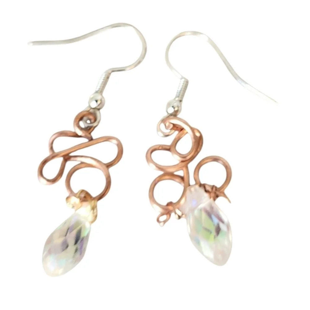 Handmade Copper Wire Earrings AB Teardrop Crystal, Iridescent Glow